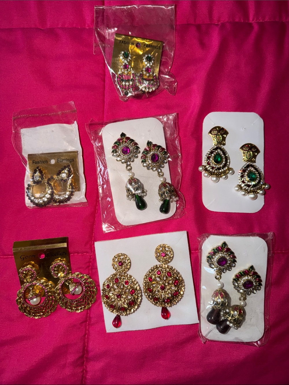 7 Assorted Women’s Gold-Tone Indian Style Earrings Set - Pink & Green Accents